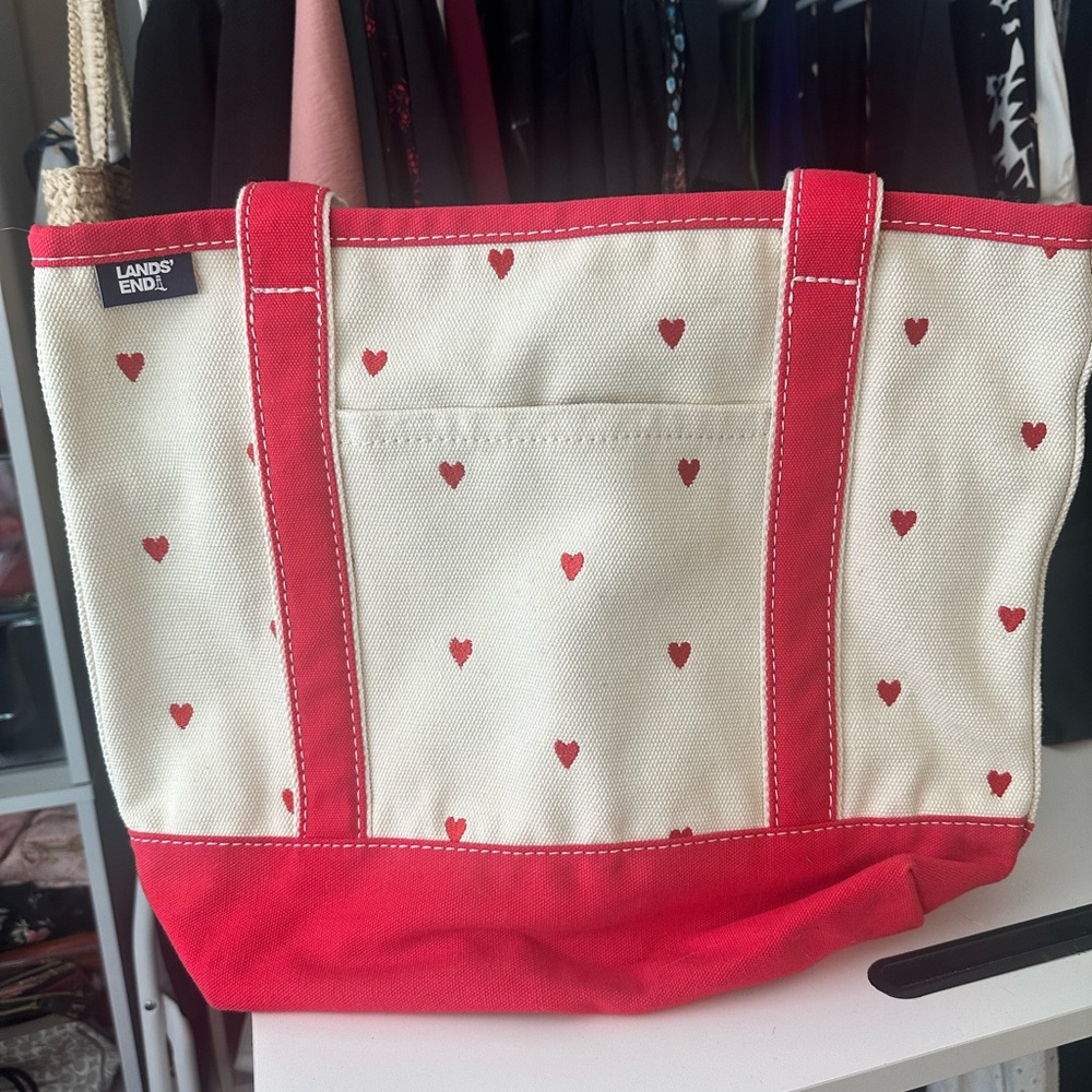 Lands' End Red and Cream Heart Pattern Tote